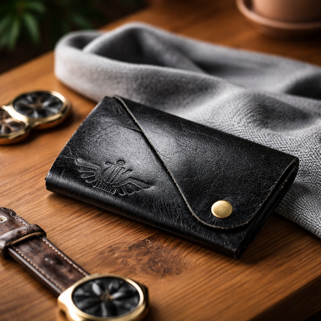 Unisex Premium Genuine Leather Envelope Wallet Handcrafted Card Holder Pouch with Button Closure Black Minimal Wallet
