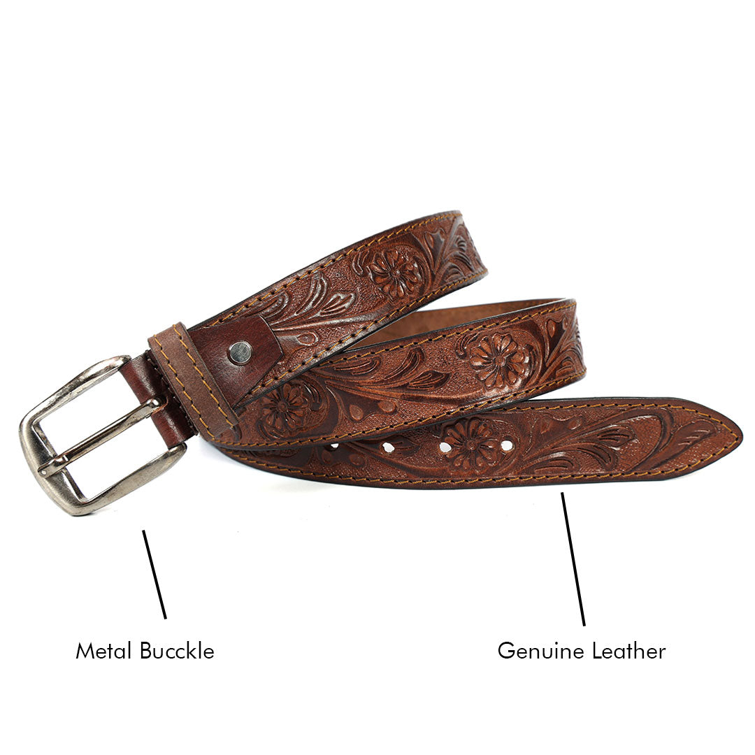 Brand New Handmade Genuine Leather Belt for Men |  Western Floral Embossed Design | Vintage Leather Belt