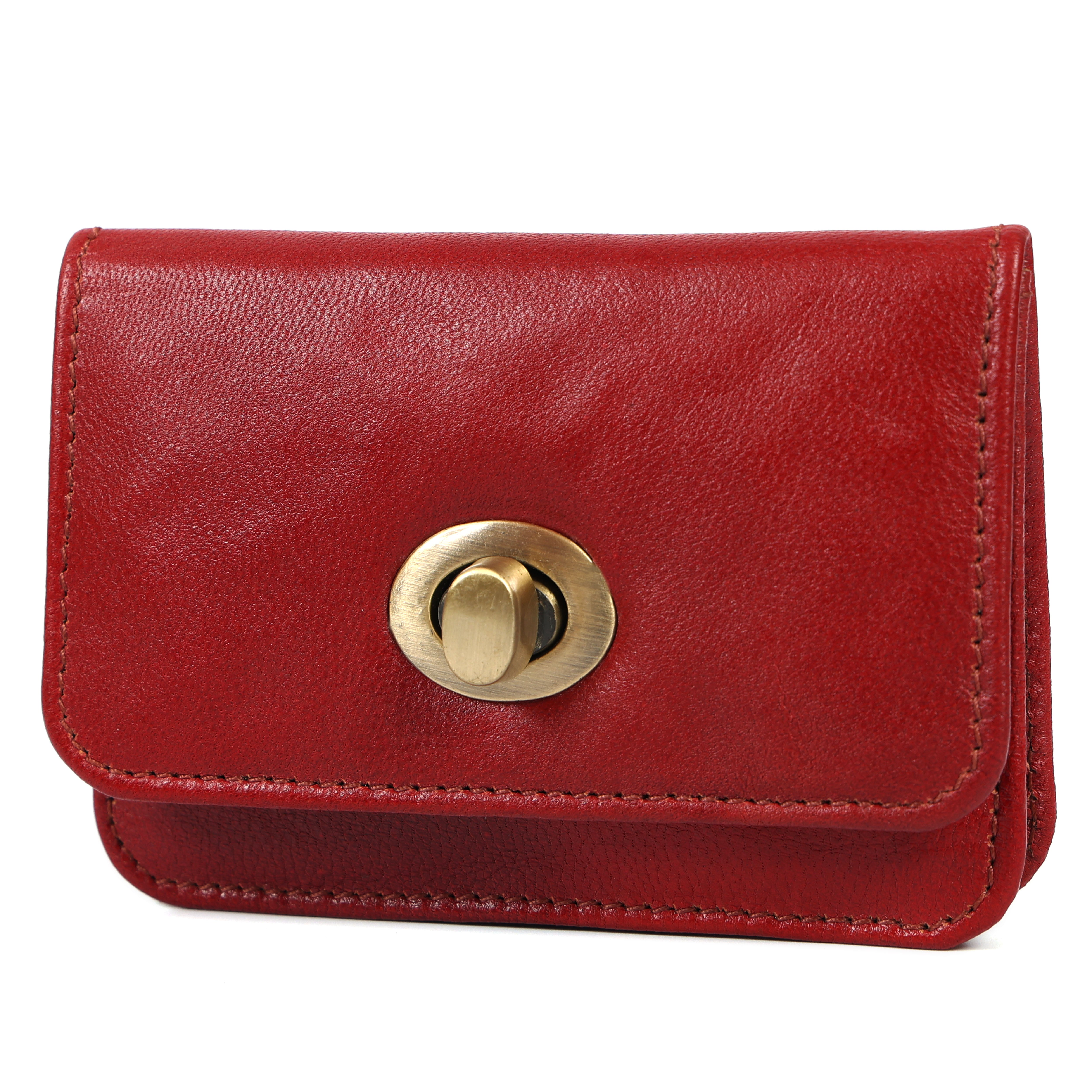 Handmade Genuine Leather Red Wallet for Women | Small Vintage Clutch Purse with Brass Turn Lock | Minimalist Card & Cash Holder