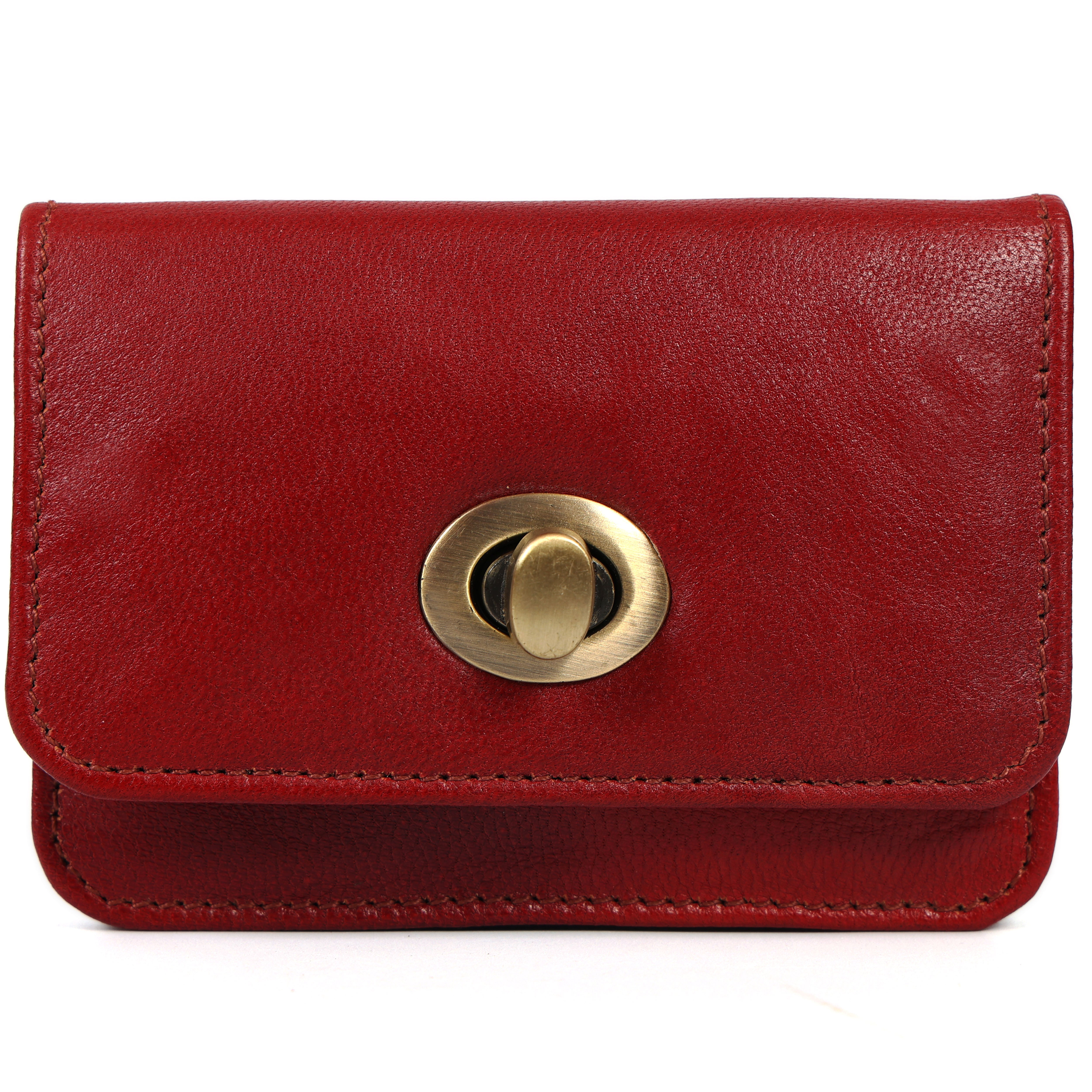 Handmade Genuine Leather Red Wallet for Women | Small Vintage Clutch Purse with Brass Turn Lock | Minimalist Card & Cash Holder
