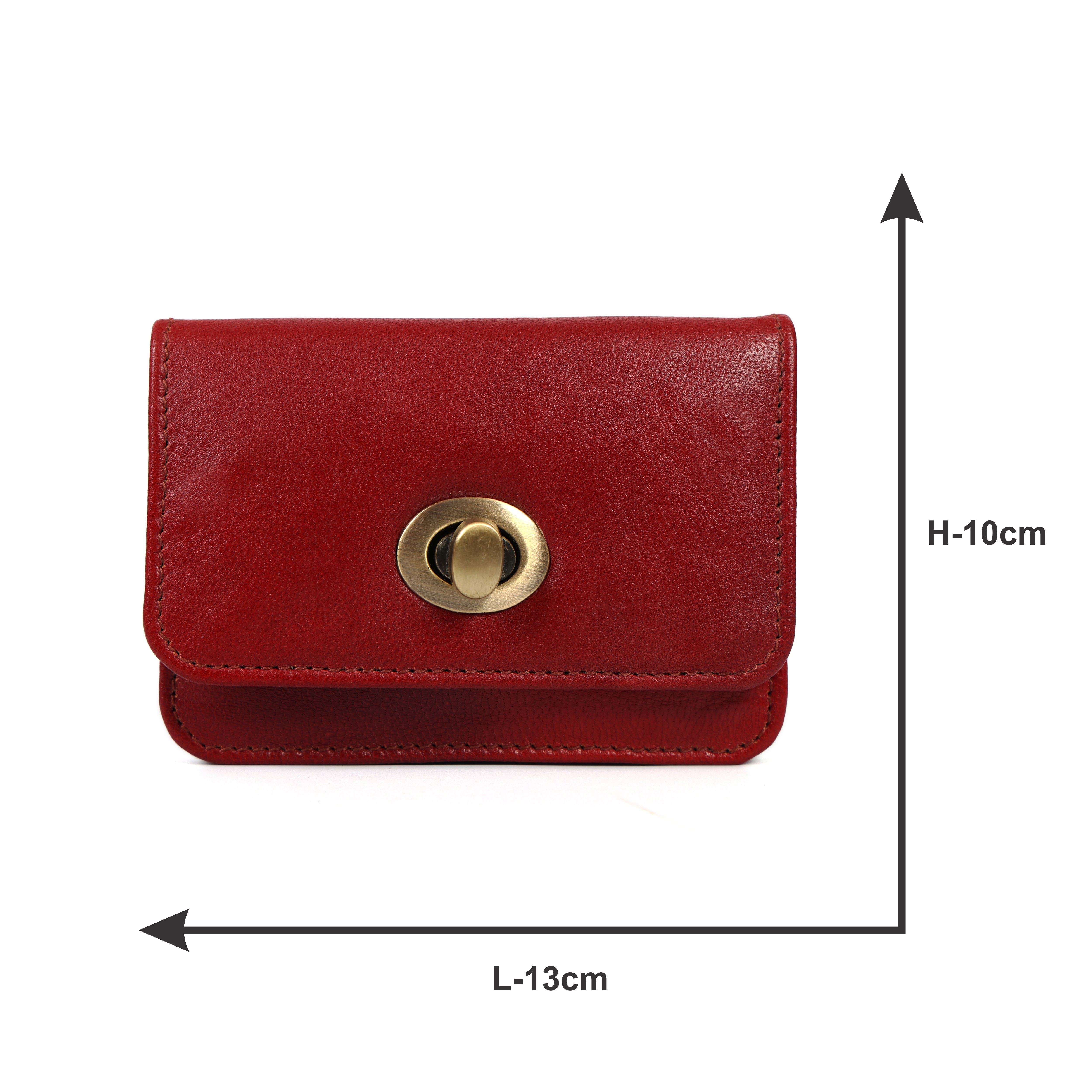 Handmade Genuine Leather Red Wallet for Women | Small Vintage Clutch Purse with Brass Turn Lock | Minimalist Card & Cash Holder