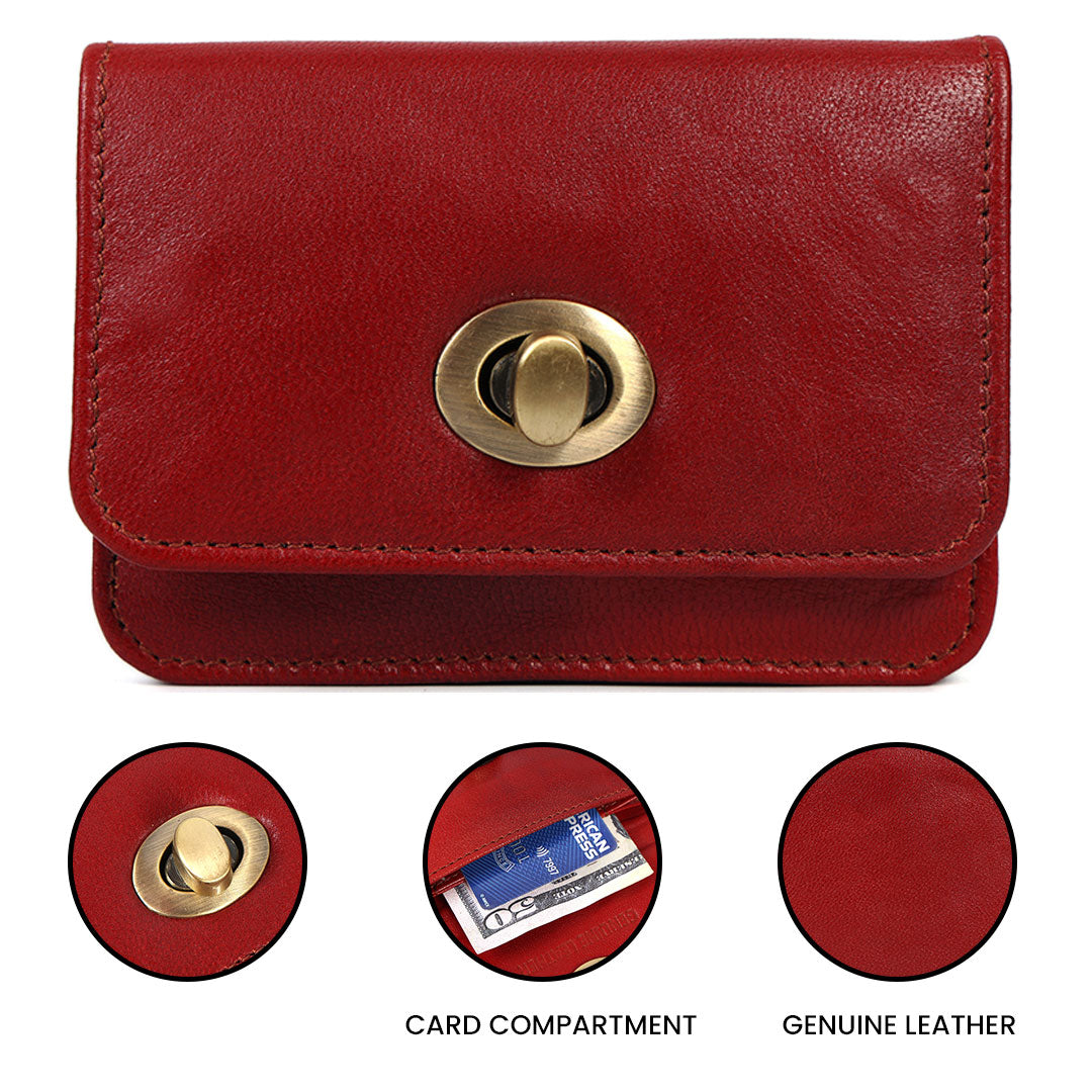 Handmade Genuine Leather Red Wallet for Women | Small Vintage Clutch Purse with Brass Turn Lock | Minimalist Card & Cash Holder