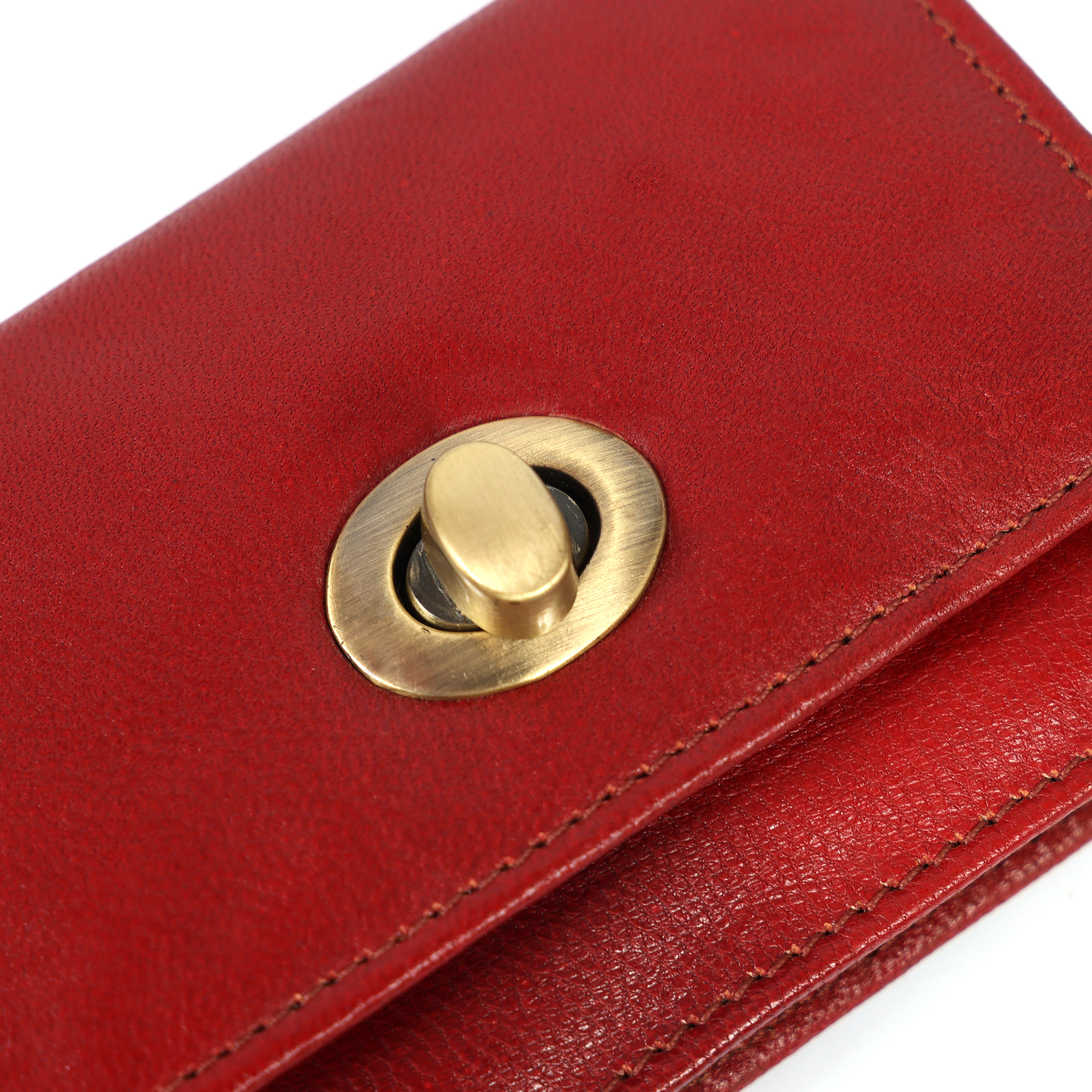 Handmade Genuine Leather Red Wallet for Women | Small Vintage Clutch Purse with Brass Turn Lock | Minimalist Card & Cash Holder