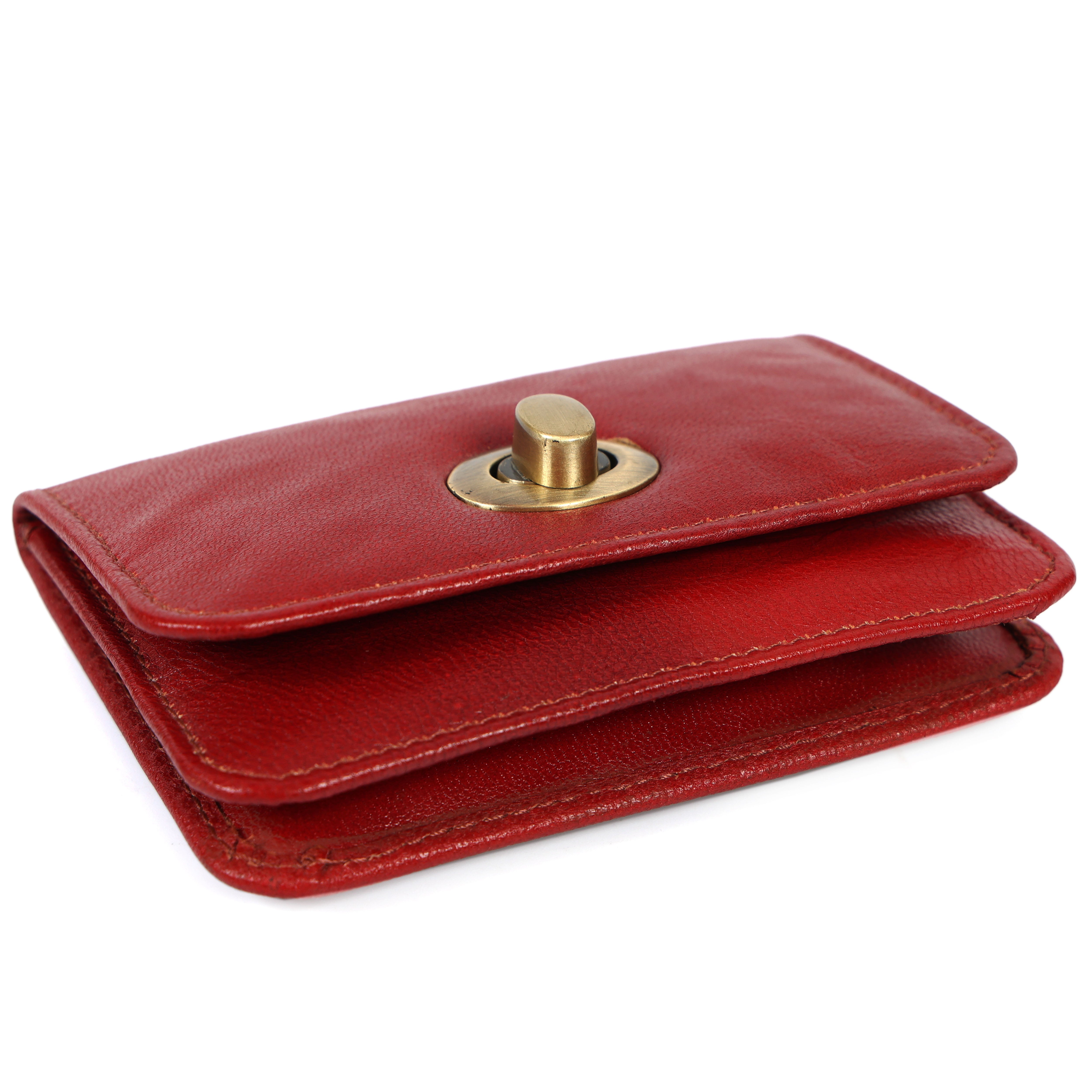 Handmade Genuine Leather Red Wallet for Women | Small Vintage Clutch Purse with Brass Turn Lock | Minimalist Card & Cash Holder
