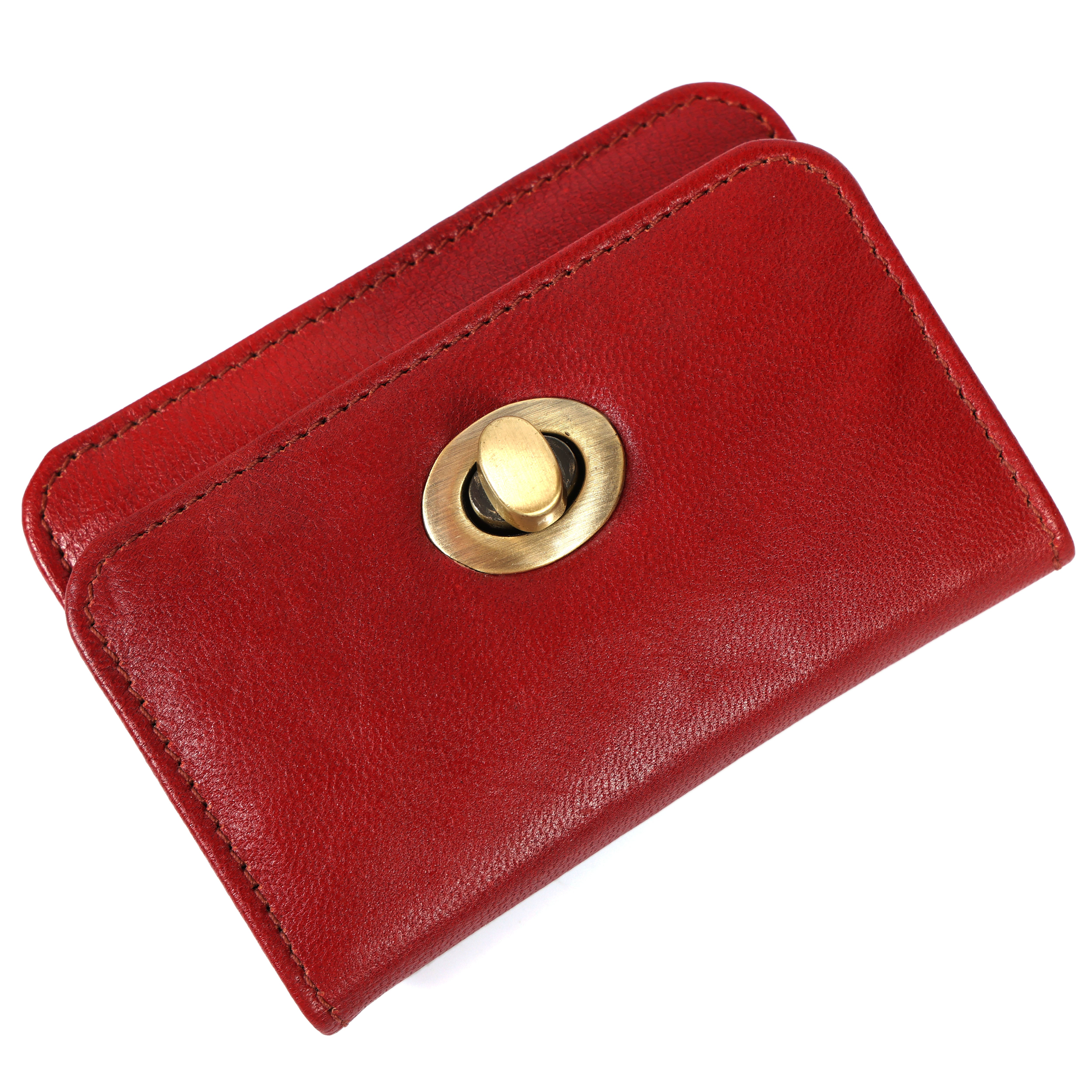 Handmade Genuine Leather Red Wallet for Women | Small Vintage Clutch Purse with Brass Turn Lock | Minimalist Card & Cash Holder
