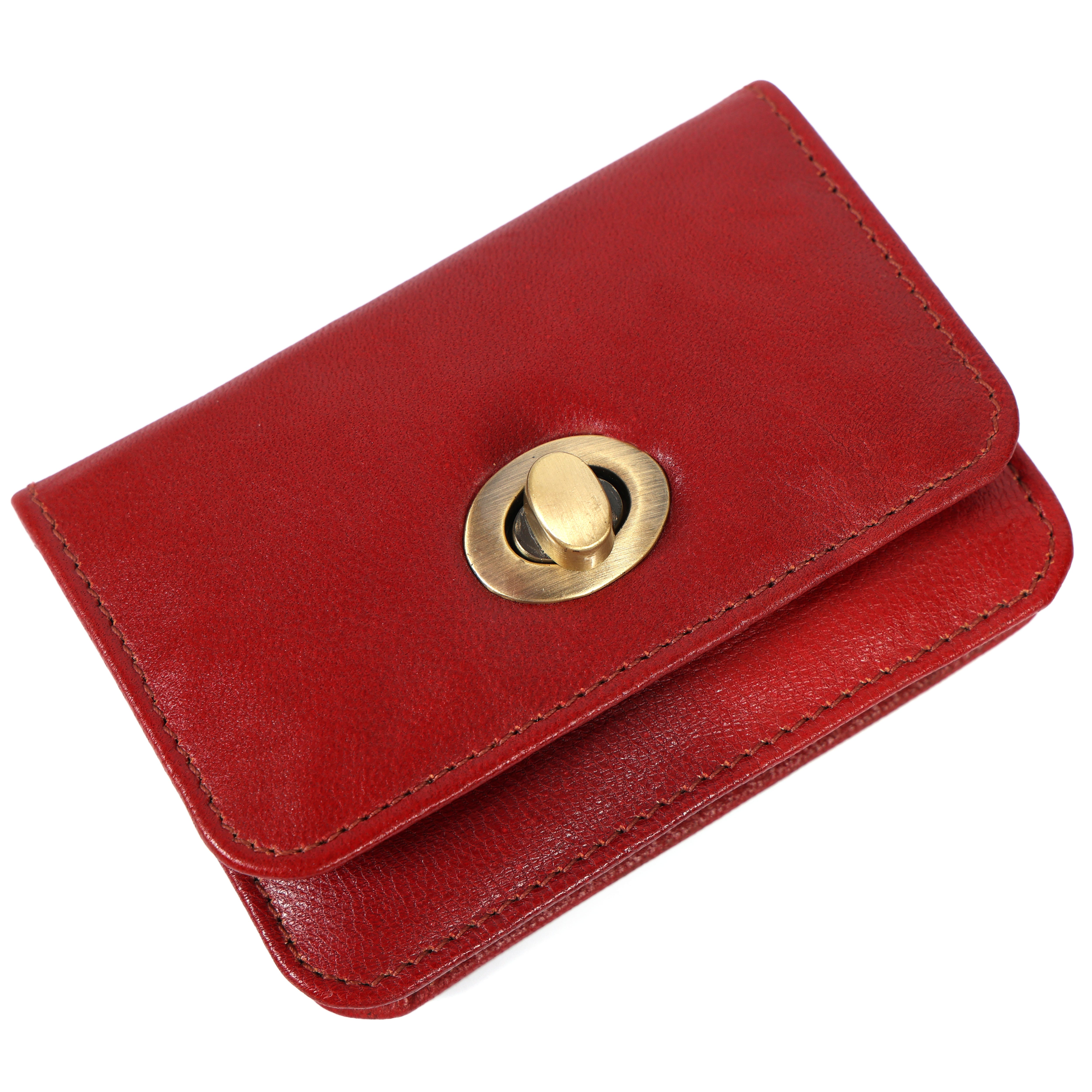 Handmade Genuine Leather Red Wallet for Women | Small Vintage Clutch Purse with Brass Turn Lock | Minimalist Card & Cash Holder