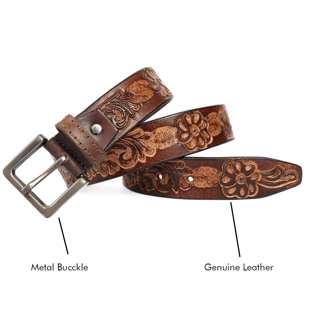 Brand New Handmade Genuine Leather Belt for Men |  Western Floral Embossed Design | Vintage Leather Belt