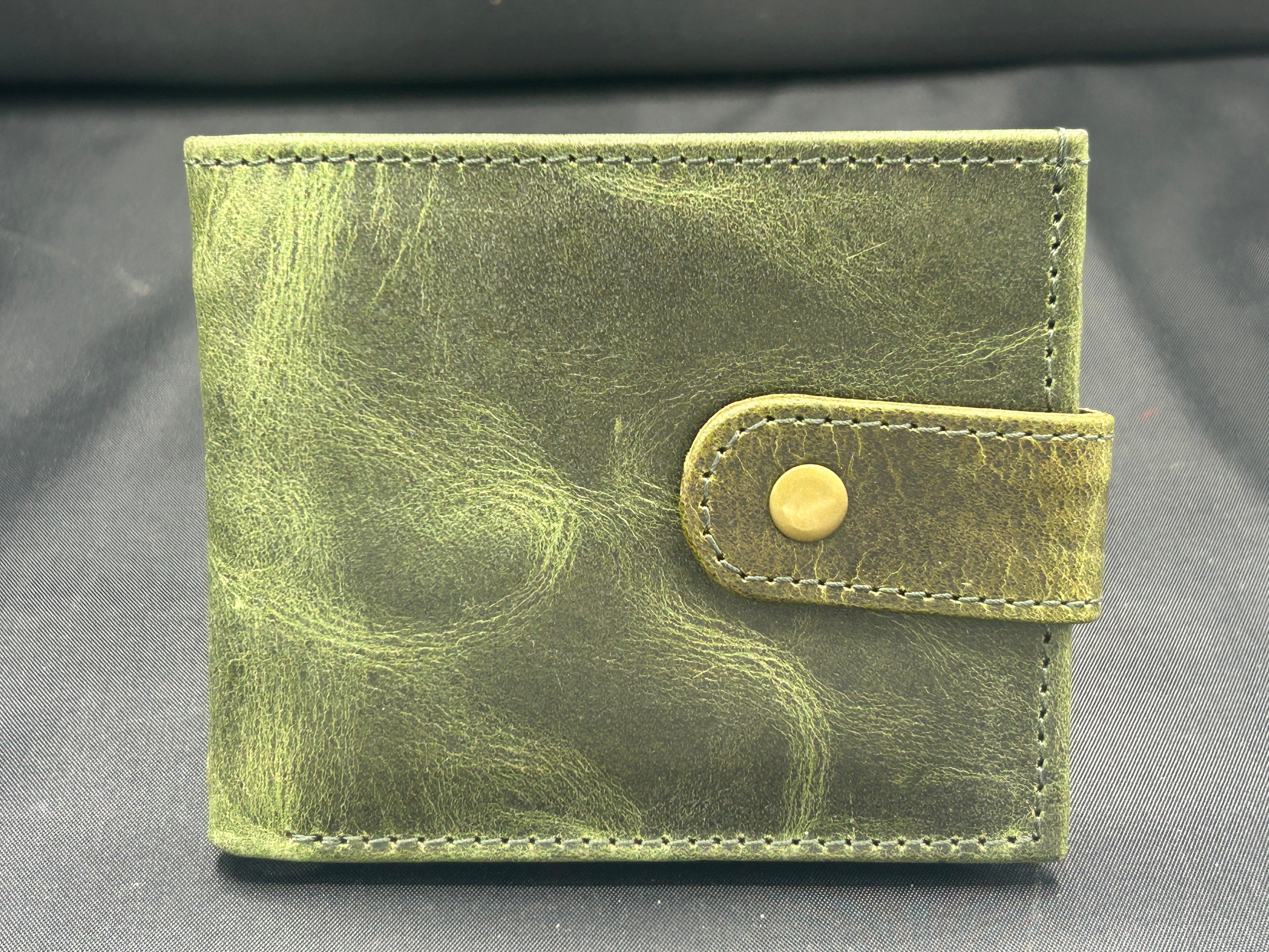 Handmade  Green Leather Wallet for Men | Classic Trifold Wallet with Snap Closure & Zip Pocket