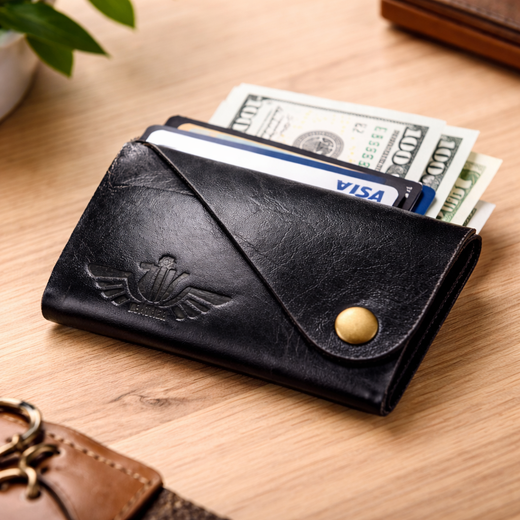 Unisex Premium Genuine Leather Envelope Wallet Handcrafted Card Holder Pouch with Button Closure Black Minimal Wallet