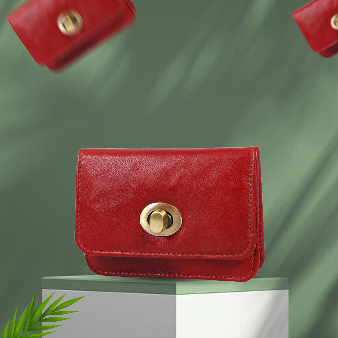 Handmade Genuine Leather Red Wallet for Women | Small Vintage Clutch Purse with Brass Turn Lock | Minimalist Card & Cash Holder