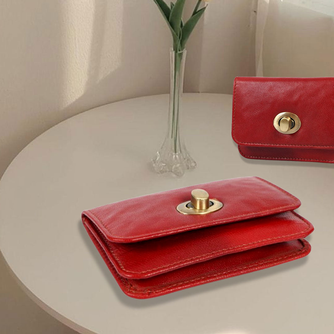 Handmade Genuine Leather Red Wallet for Women | Small Vintage Clutch Purse with Brass Turn Lock | Minimalist Card & Cash Holder