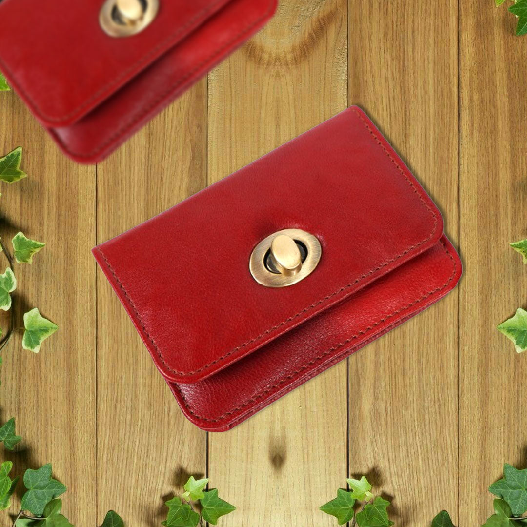 Handmade Genuine Leather Red Wallet for Women | Small Vintage Clutch Purse with Brass Turn Lock | Minimalist Card & Cash Holder