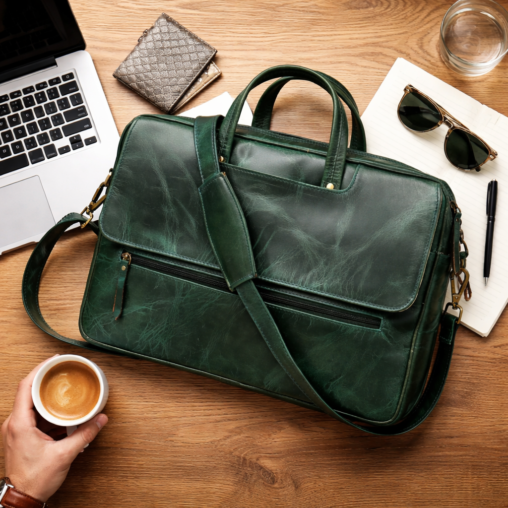 Premium Genuine Leather Laptop Bag Green Office Briefcase with Shoulder Strap Stylish Business Messenger Bag