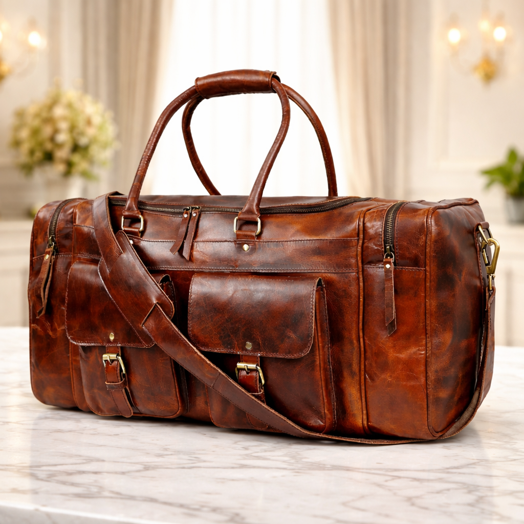 Premium Genuine Leather Travel Duffel Bag for Men & Women Luxury Weekender Bag Durable Overnight Gym Bag