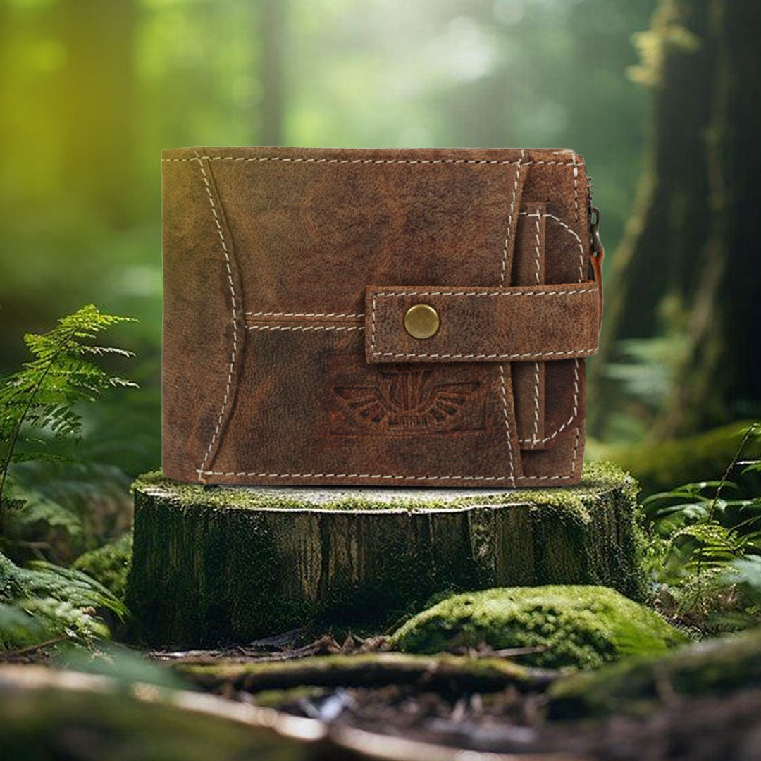 Genuine Leather Men’s Wallet – Rustic Brown Trifold with Coin Pocket & Button Strap
