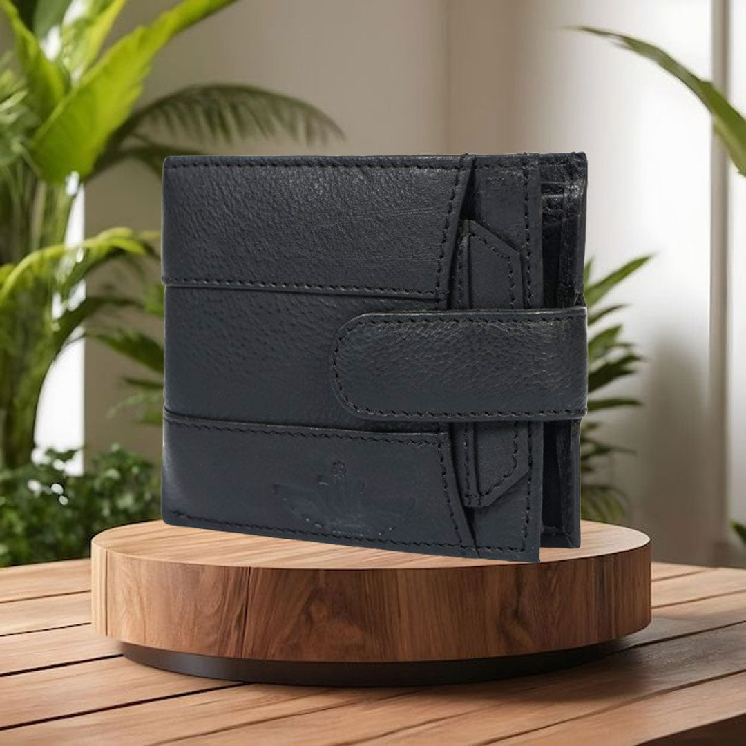 Handmade Classic Black Leather Wallet for Men | Classic Trifold Wallet with Snap Closure & Zip Pocket