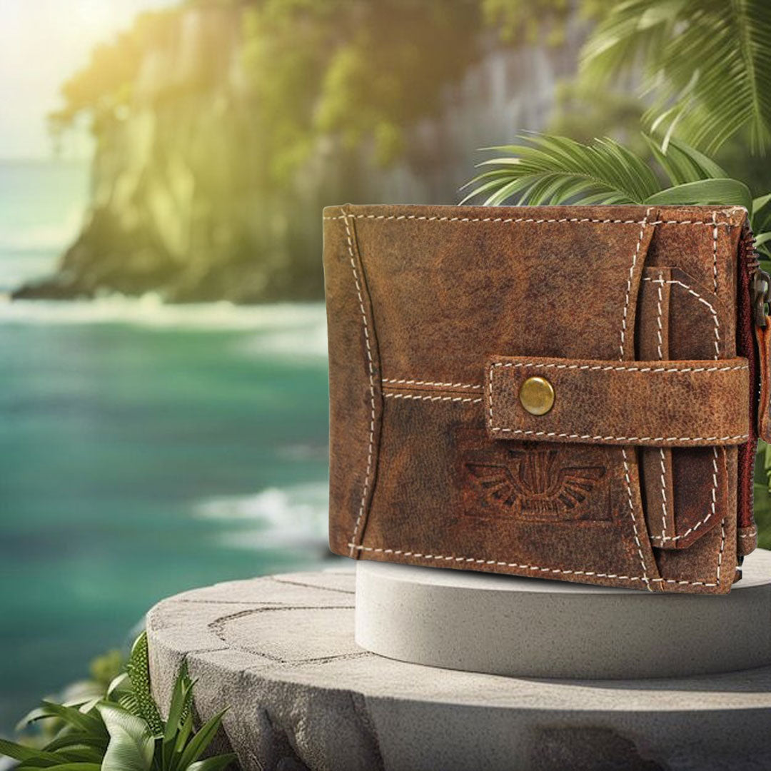 Genuine Leather Men’s Wallet – Rustic Brown Trifold with Coin Pocket & Button Strap