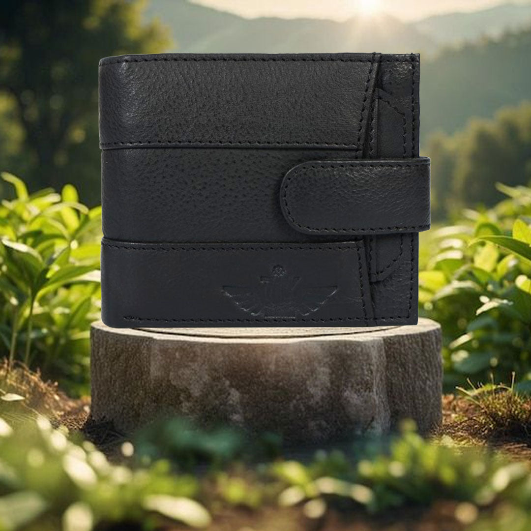 Handmade Classic Black Leather Wallet for Men | Classic Trifold Wallet with Snap Closure & Zip Pocket