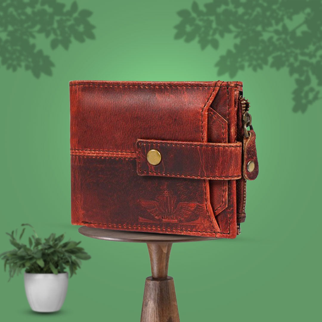 Handmade Vintage Brown Leather Wallet for Men | Classic Trifold Wallet with Snap Closure & Zip Pocket