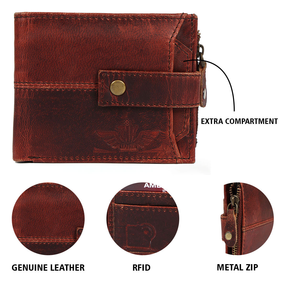 Handmade Vintage Brown Leather Wallet for Men | Classic Trifold Wallet with Snap Closure & Zip Pocket