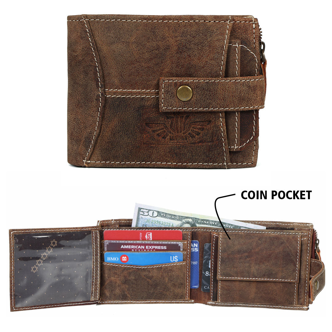 Genuine Leather Men’s Wallet – Rustic Brown Trifold with Coin Pocket & Button Strap