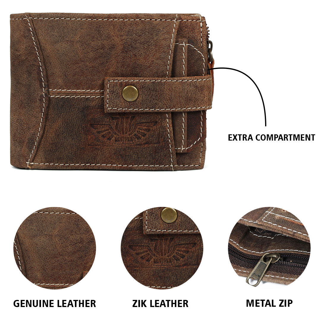 Genuine Leather Men’s Wallet – Rustic Brown Trifold with Coin Pocket & Button Strap