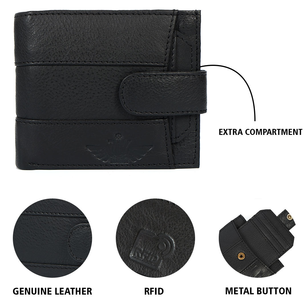 Handmade Classic Black Leather Wallet for Men | Classic Trifold Wallet with Snap Closure & Zip Pocket