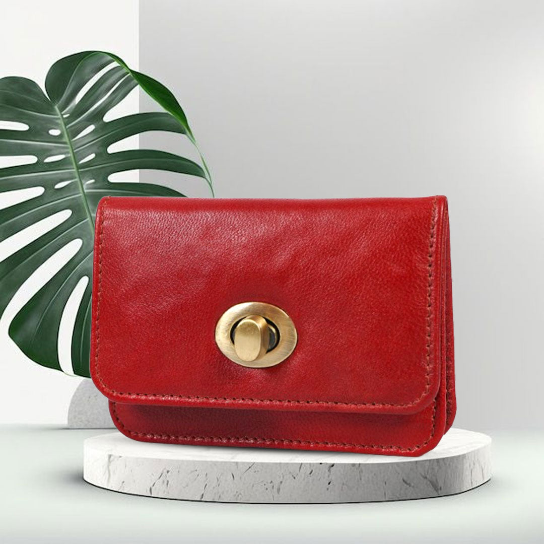 Handmade Genuine Leather Red Wallet for Women | Small Vintage Clutch Purse with Brass Turn Lock | Minimalist Card & Cash Holder