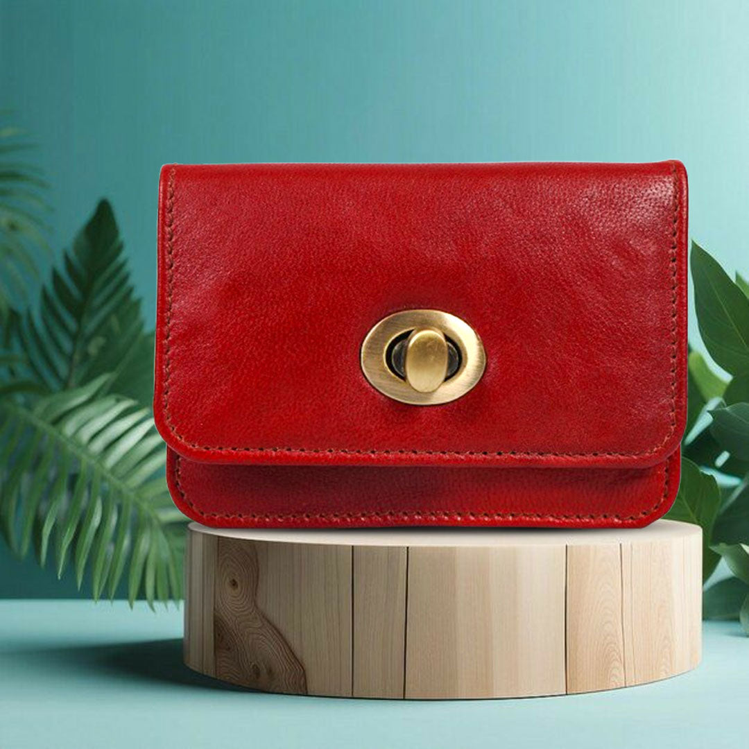 Handmade Genuine Leather Red Wallet for Women | Small Vintage Clutch Purse with Brass Turn Lock | Minimalist Card & Cash Holder