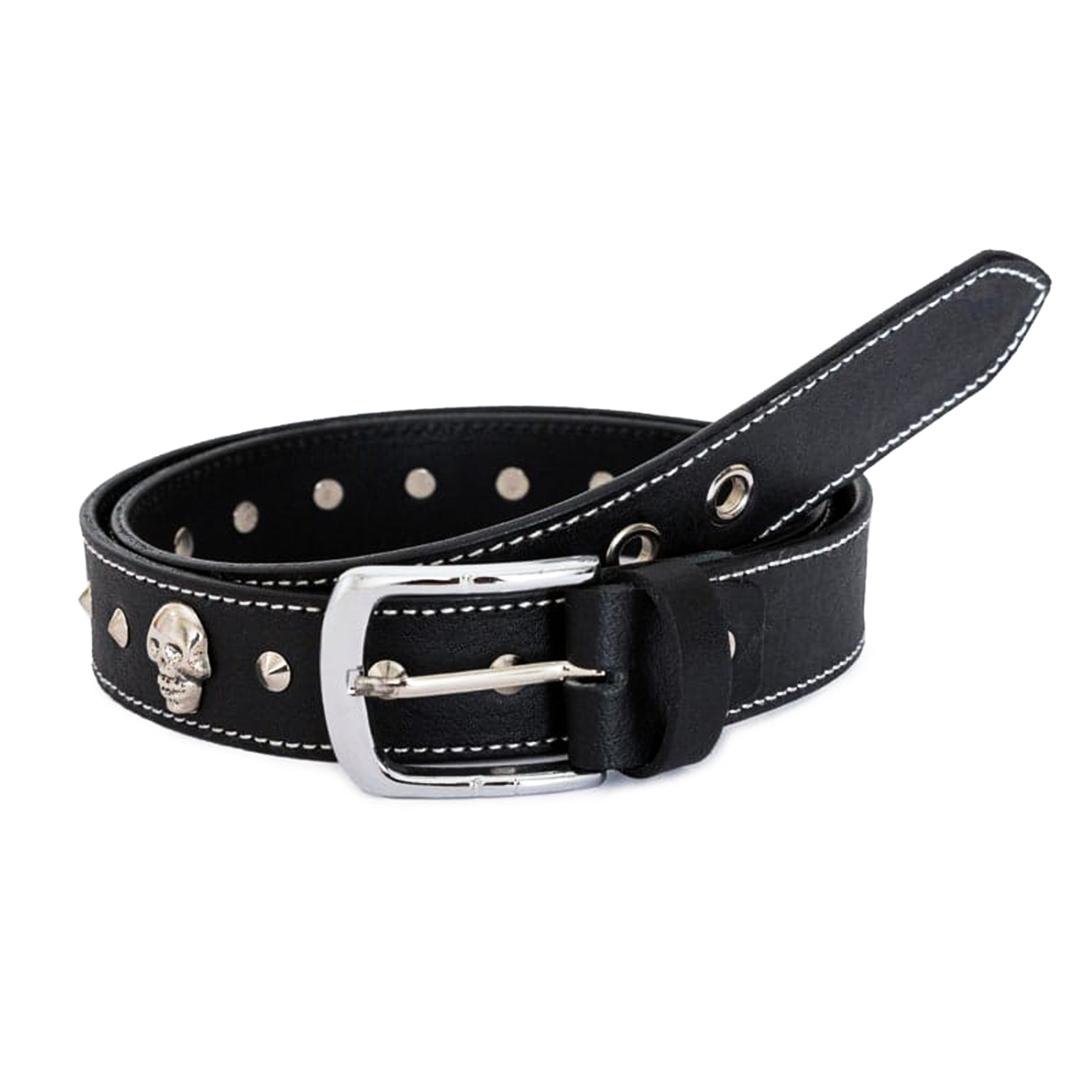 Unisex Black Skull Studded Leather Belt Punk Gothic Rock Leather Belt with Metal Skull & Rivets for Men Women