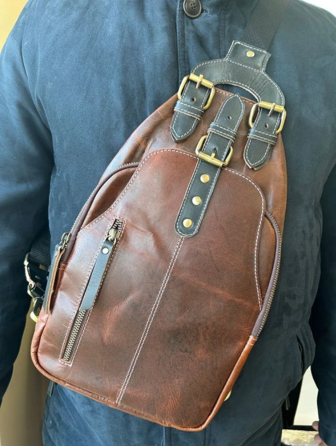 Genuine Leather Sling Bag for Men & Women – Vintage Crossbody Chest Bag Backpack for Travel & Everyday Use