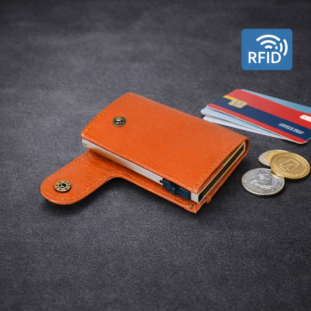 Premium Genuine Leather Smart Card Holder Wallet RFID Blocking Slim Wallet with Pop-Up Card Case Compact Tan Wallet