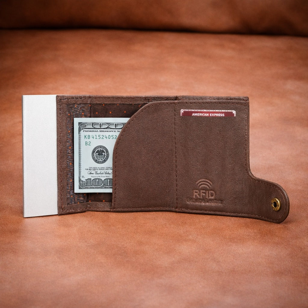 Genuine Leather RFID Blocking Pop-Up Card Holder Wallet Slim Wallet for Men & Women Quick Access Credit Card Case