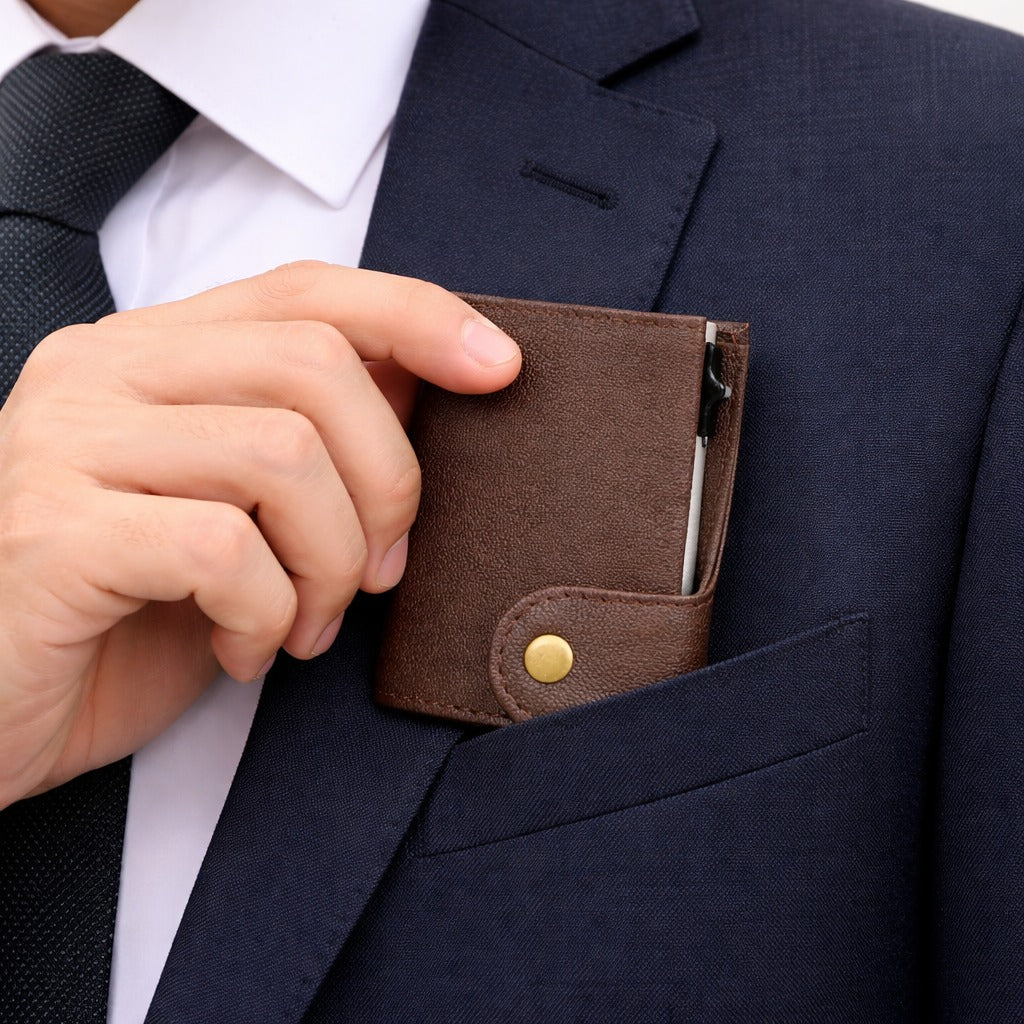 Genuine Leather RFID Blocking Pop-Up Card Holder Wallet Slim Wallet for Men & Women Quick Access Credit Card Case