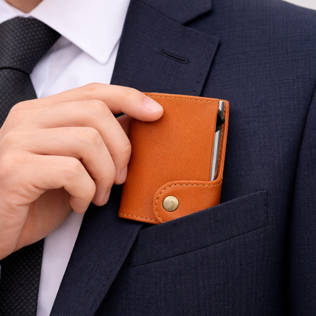 Premium Genuine Leather Smart Card Holder Wallet RFID Blocking Slim Wallet with Pop-Up Card Case Compact Tan Wallet