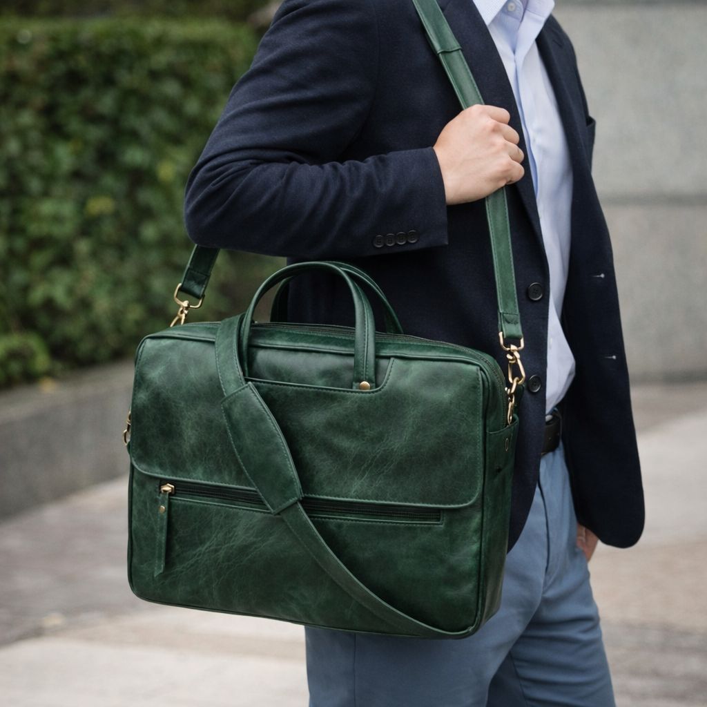 Premium Genuine Leather Laptop Bag Green Office Briefcase with Shoulder Strap Stylish Business Messenger Bag