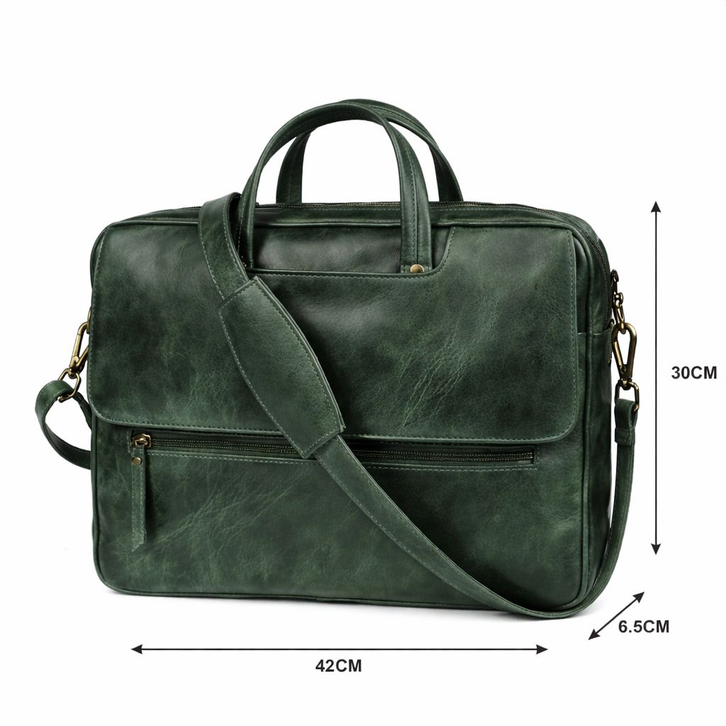 Premium Genuine Leather Laptop Bag Green Office Briefcase with Shoulder Strap Stylish Business Messenger Bag