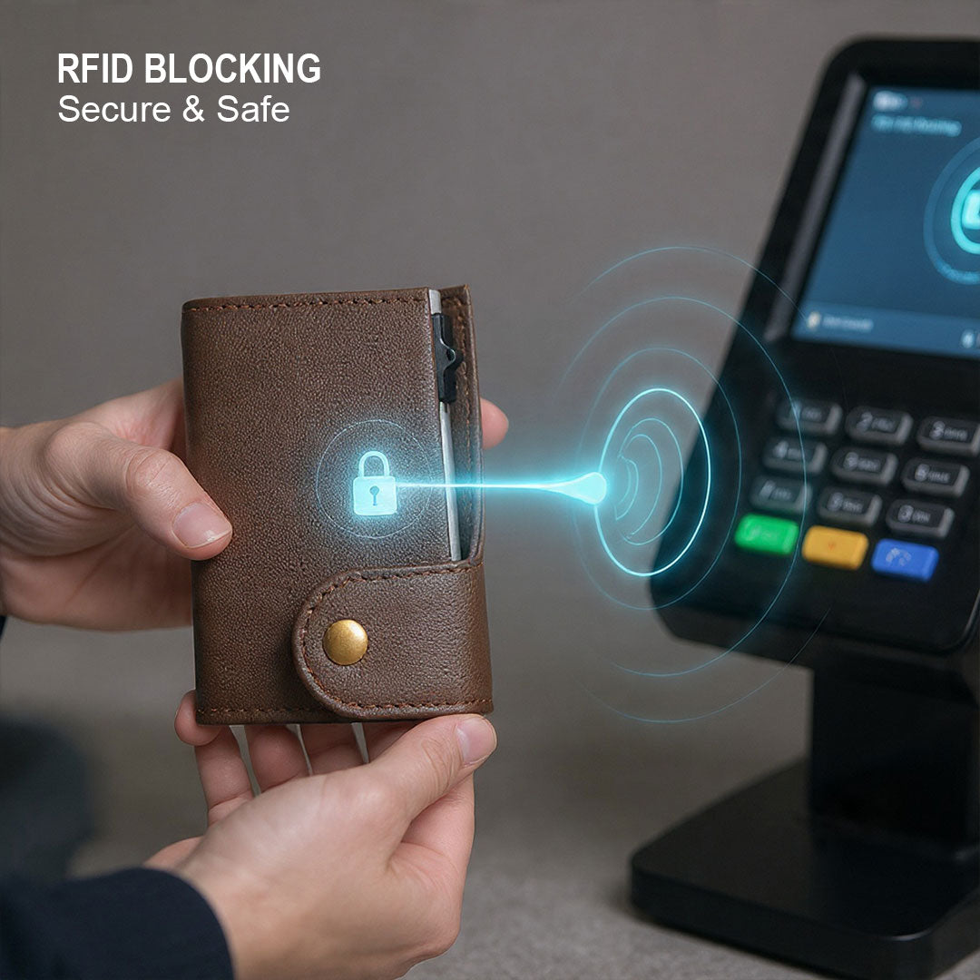 Genuine Leather RFID Blocking Pop-Up Card Holder Wallet Slim Wallet for Men & Women Quick Access Credit Card Case