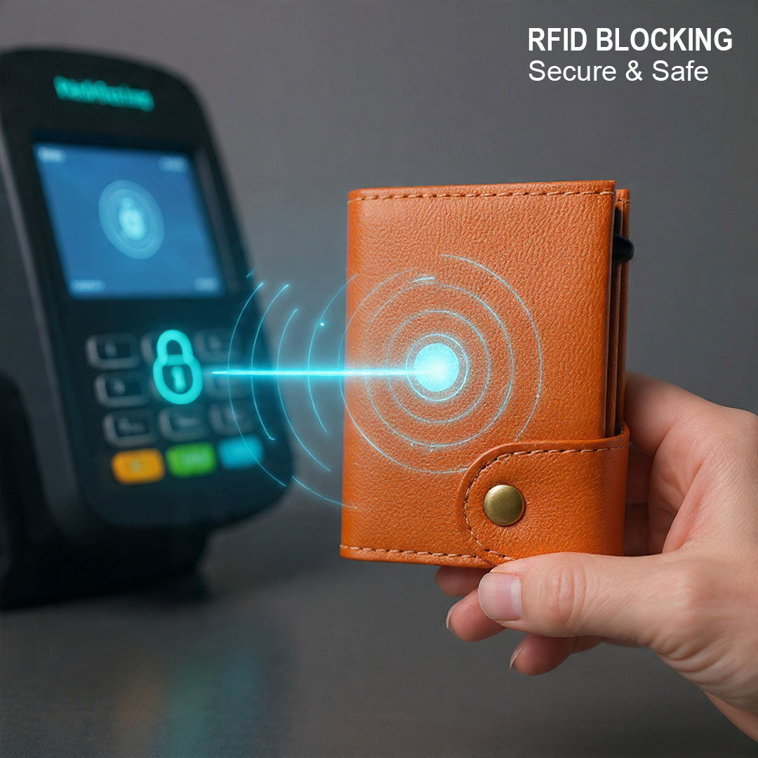 Premium Genuine Leather Smart Card Holder Wallet RFID Blocking Slim Wallet with Pop-Up Card Case Compact Tan Wallet