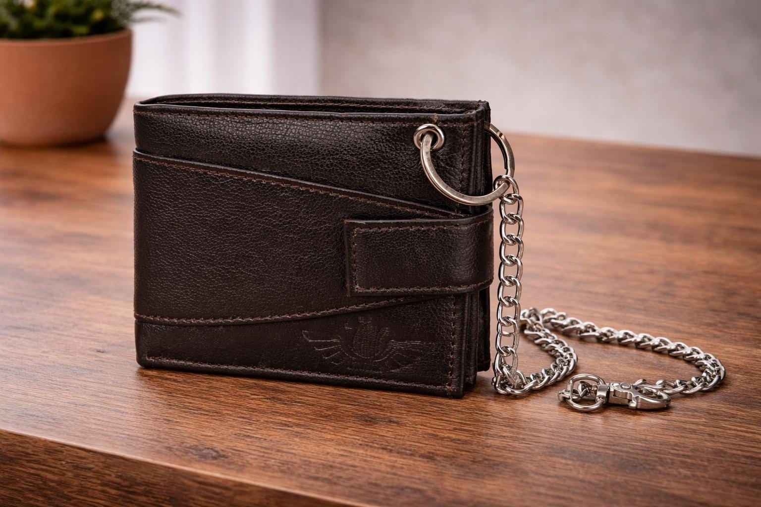 Premium Genuine Leather Chain Wallet RFID Blocking Trifold Wallet with Metal Chain Stylish Black Biker Wallet