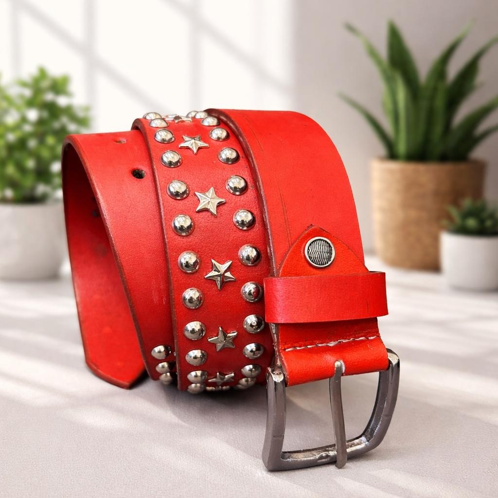 Red Leather Studded Unisex Belt Vintage Punk Star Rivet Belt Handmade Genuine Leather Waist Belt