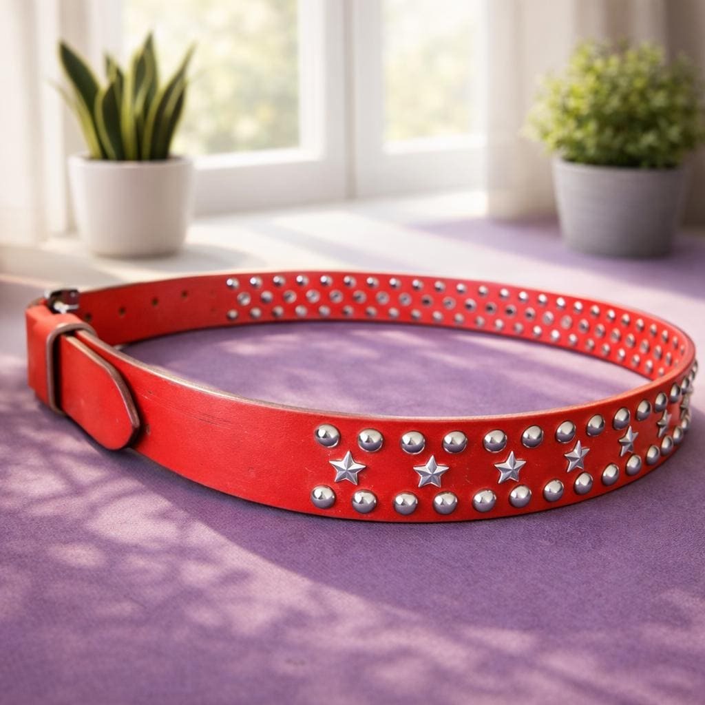 Red Leather Studded Unisex Belt Vintage Punk Star Rivet Belt Handmade Genuine Leather Waist Belt