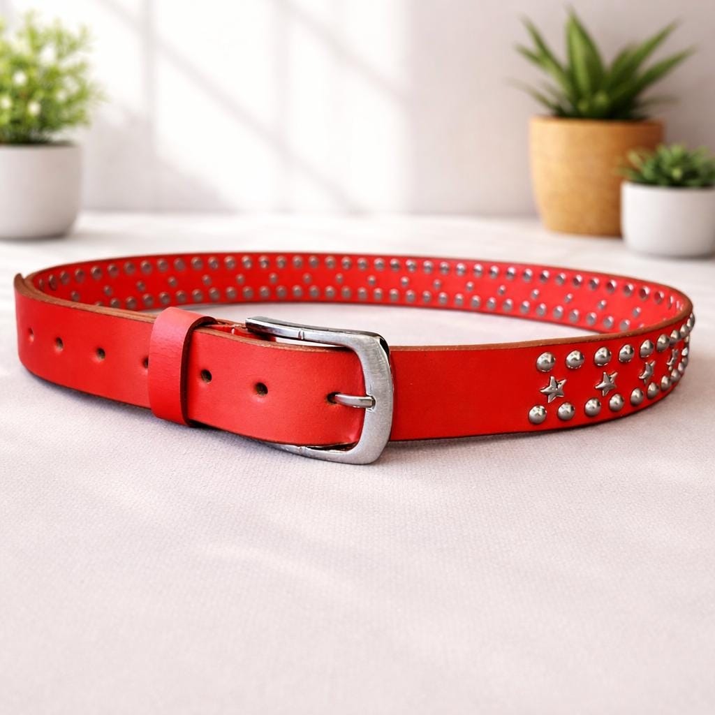 Red Leather Studded Unisex Belt Vintage Punk Star Rivet Belt Handmade Genuine Leather Waist Belt