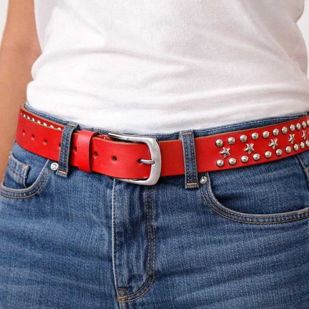 Red Leather Studded Unisex Belt Vintage Punk Star Rivet Belt Handmade Genuine Leather Waist Belt