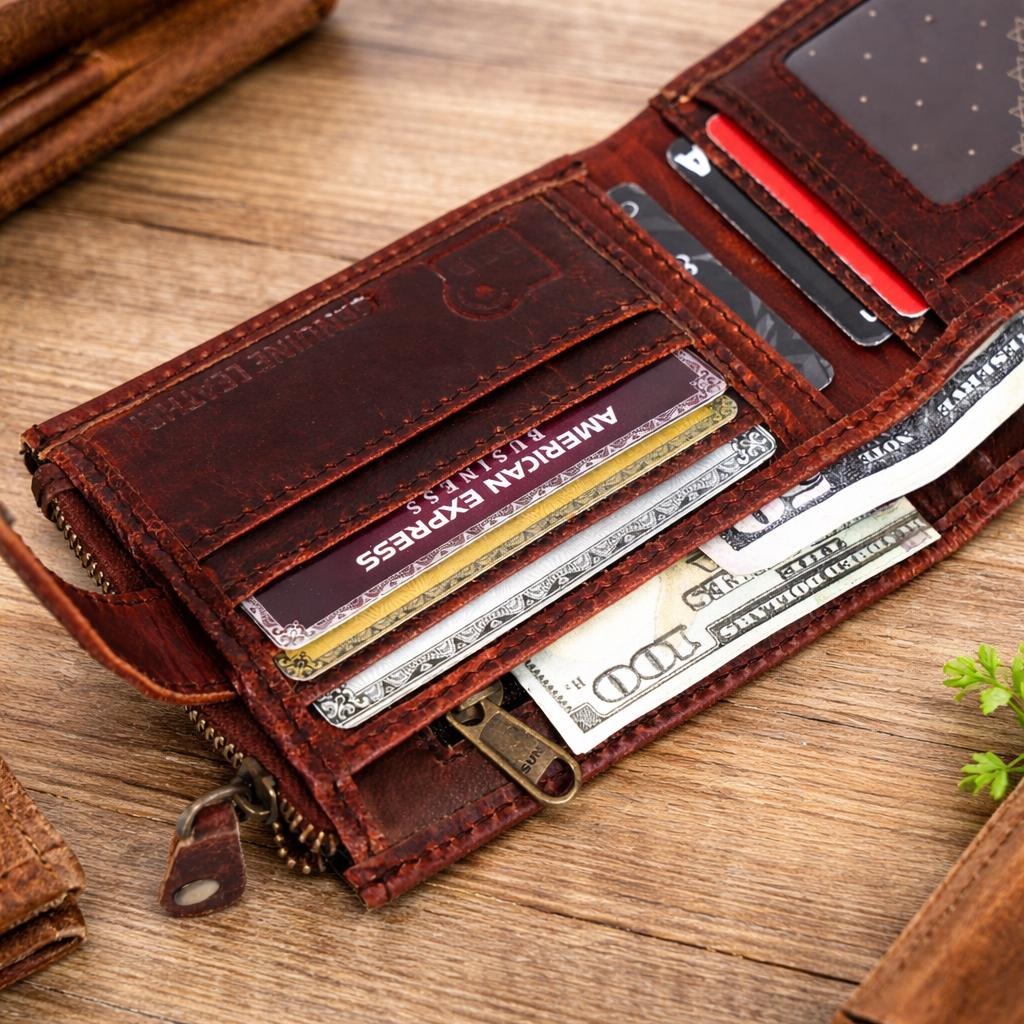 Unisex Genuine Leather Wallet RFID Blocking Trifold Wallet with Zipper & Coin Pocket Premium Brown Leather Wallet