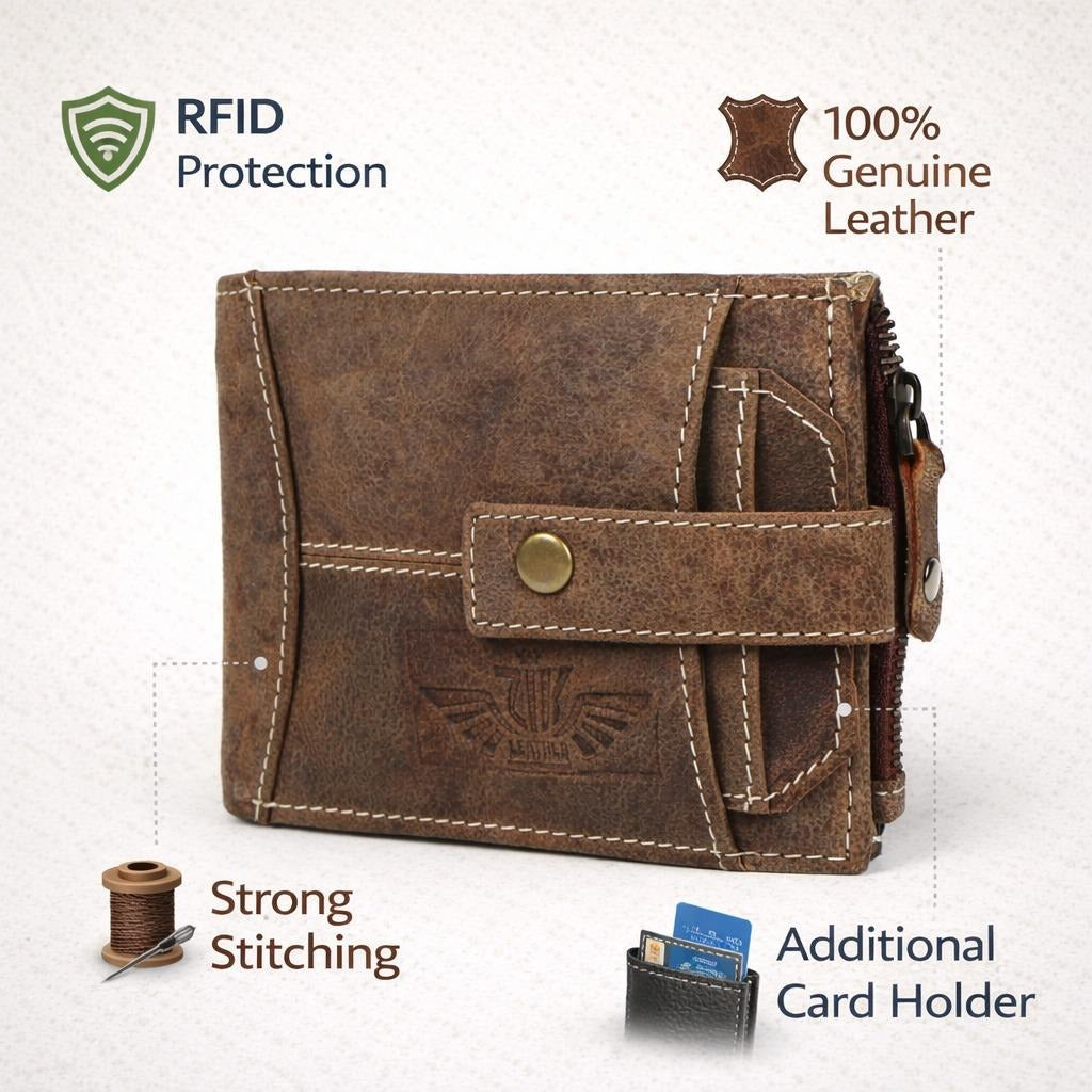 Unisex Genuine Leather Wallet RFID Blocking Trifold Wallet with Zipper & Coin Pocket Leather Wallet