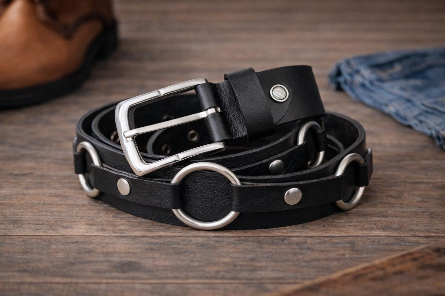 Unisex Black Leather Ring Belt – Punk Gothic O-Ring Belt with Silver Buckle for Men & Women