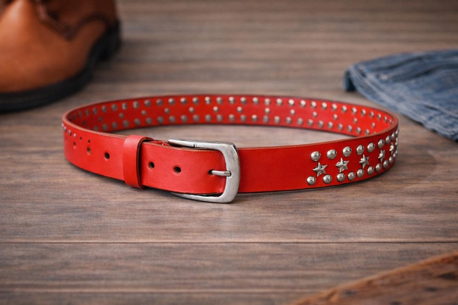 Red Leather Studded Unisex Belt Vintage Punk Star Rivet Belt Handmade Genuine Leather Waist Belt