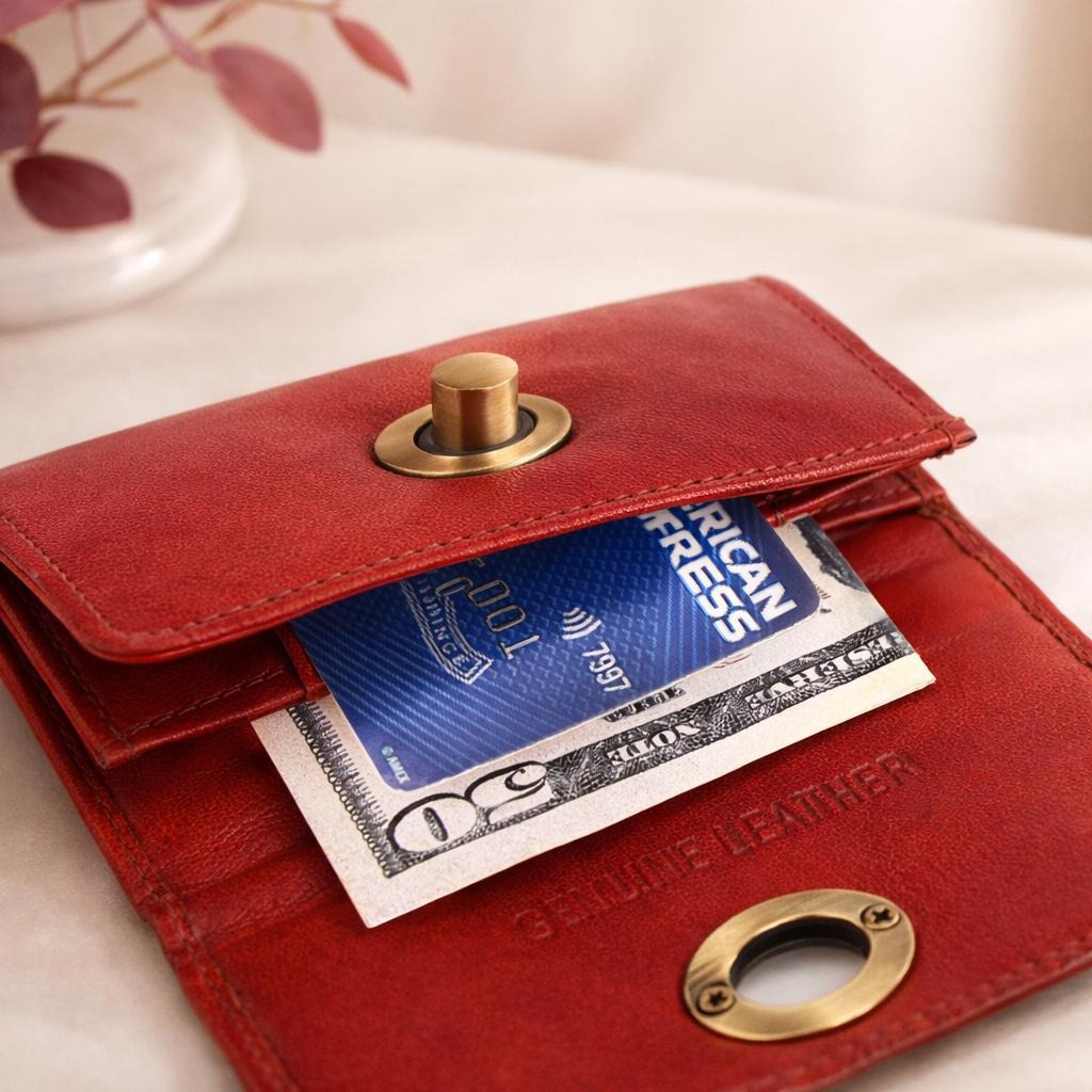 Premium Genuine Leather Wallet for Women Stylish Red Clutch Wallet with Button Closure Elegant Ladies Long Wallet