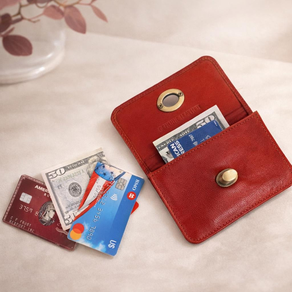 Premium Genuine Leather Wallet for Women Stylish Red Clutch Wallet with Button Closure Elegant Ladies Long Wallet